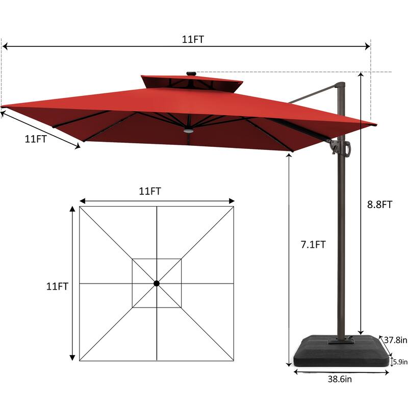 11 FT Square Outdoor Patio Cantilever Umbrella with Solar Lights 4-Piece Premium Base Double Canopy 360 Rotation Tilt