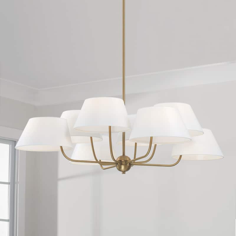 Welsley 8-light Aged Brass Chandelier w/ White Fabric Shade