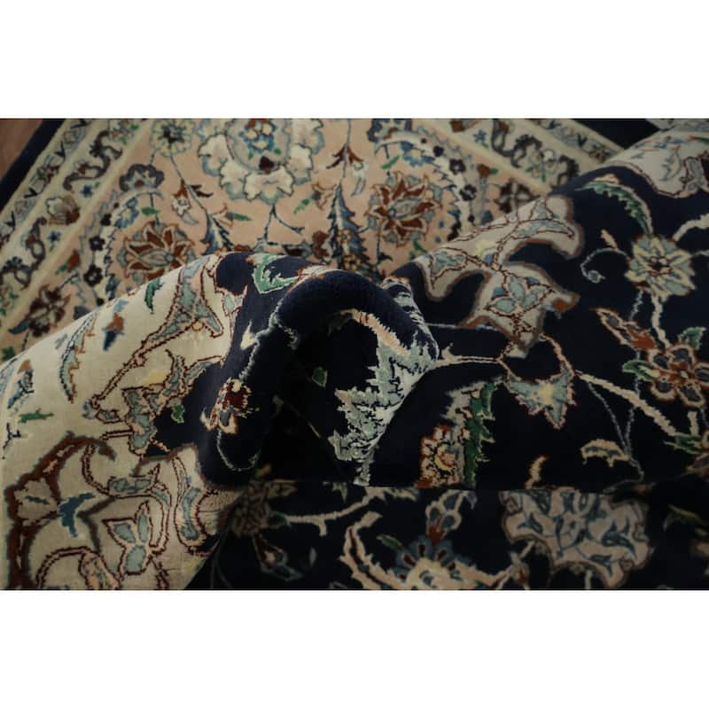Hand Knotted Oriental 100% Wool Carpet Traditional Floral Navy Blue & Blues Nain Area Rug - 10' 4'' X 8' 0''