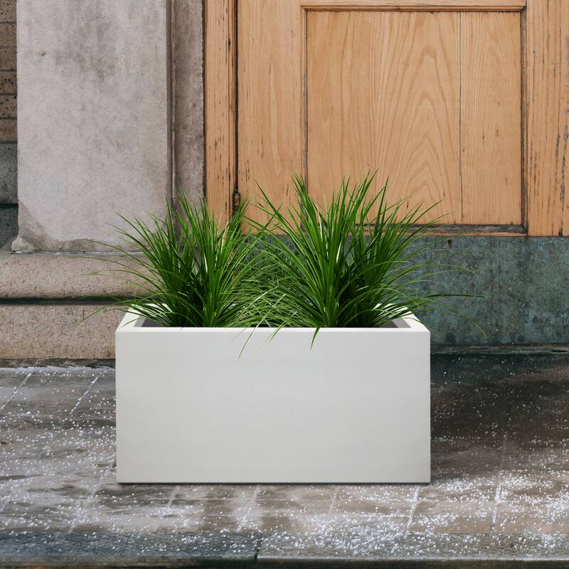 Kante Rectangular Lightweight Pure White Concrete Metal Indoor Outdoor Planter Pot, w/ Drainage Hole for Patio, Home and Garden
