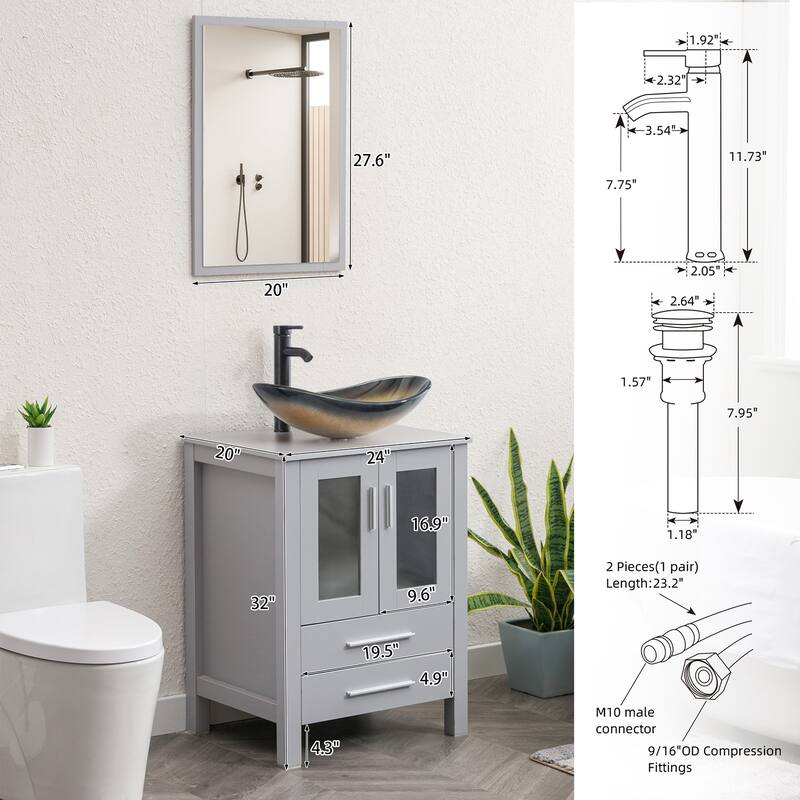 Eclife 24" Bathroom Vanity Gray Set Glass/ Ceramic Vessel Sink Cabinet Faucet Drain Combo Free Standing