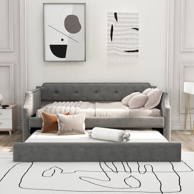 Modern Upholstered Daybed with Trundle, Twin Size Daybed Frame with Linen Button Back and Wood Slat Support for Bedroom