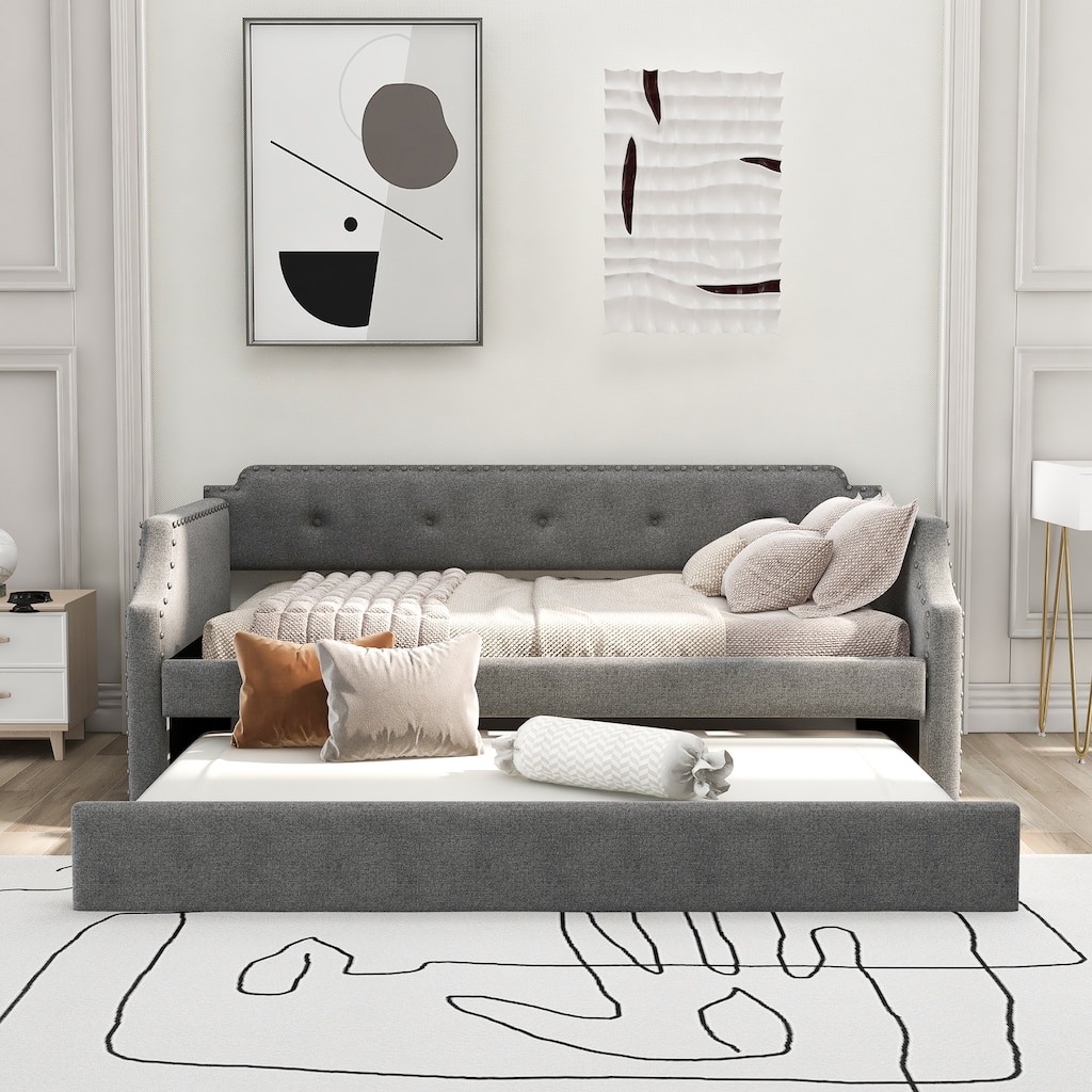 Modern Upholstered Daybed with Trundle, Twin Size Daybed Frame with Linen Button Back and Wood Slat Support for Bedroom