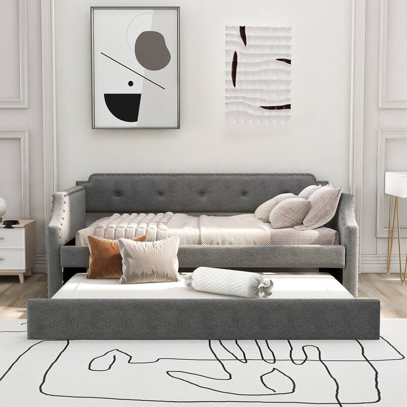 Twin Upholstered Daybed with Trundle and Nailhead Trim, Wood Slat Support - Grey - Twin
