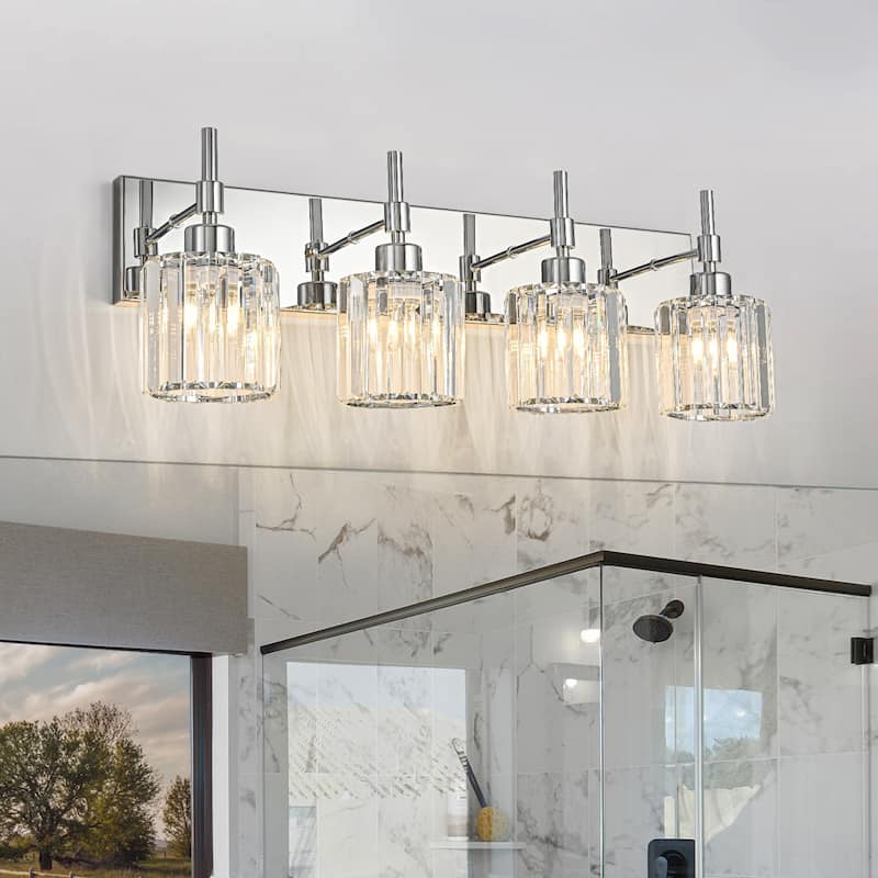 Modern Dimmable Crystal Bathroom Vanity Light Wall Sconces with Crystal Shades - 4 - Light - Chrome