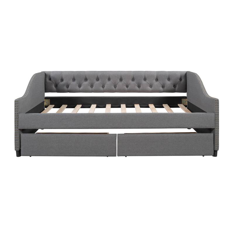 Full Size Upholstered Daybed with Two Drawers, Solid Wood Full Size Sofa Bed Frame with Button Tufted and Nailtrim on Arms
