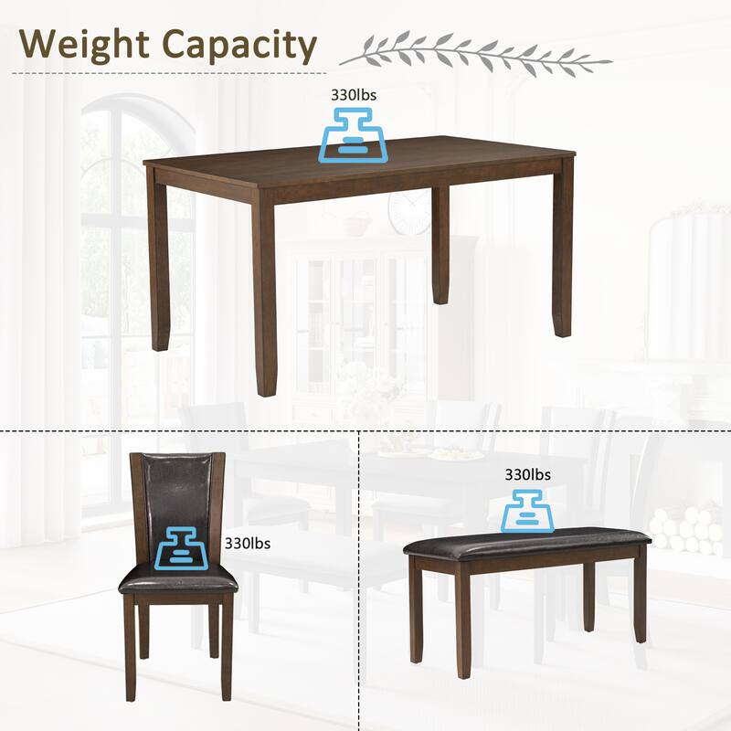 6-Piece Dining Table Set with Bench and Waterproof Curved Backrest Chairs, Wooden Kitchen Table Set for 6 People