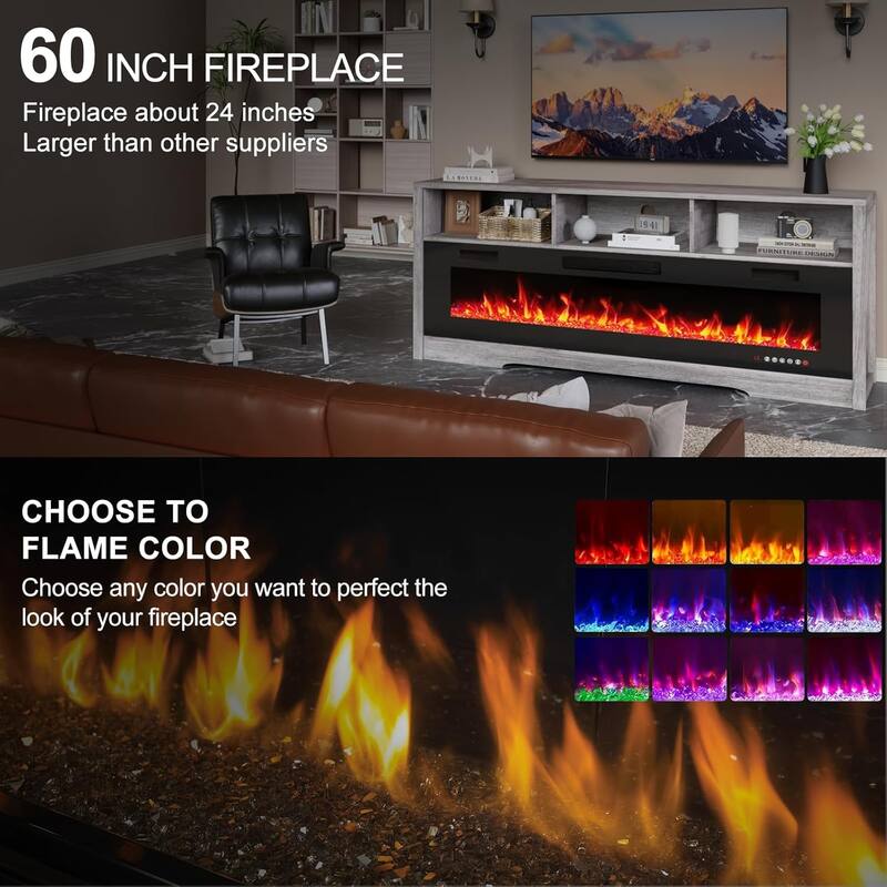 BOSSIN 65" Electric Fireplace TV Stand , Entertainment Center for TVs up to 75" with Open Shelves, Black