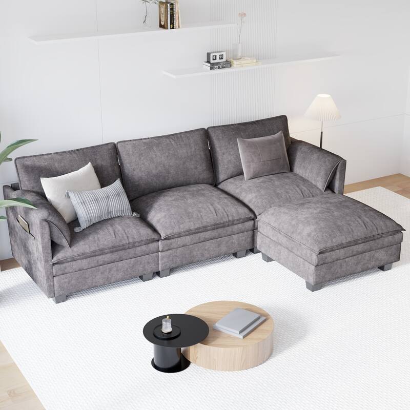 L-Shaped Sectional Sofa with Movable Ottoman, Fabric Upholstered 3 Seater Sofa, Deep Seat Sofa with Side Pockets