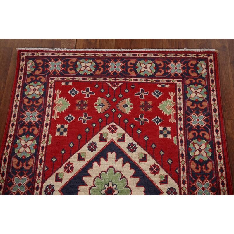 Geometric Red Kazak Oriental Foyer Rug Hand-Knotted Wool Carpet - 3'3" x 4'9"
