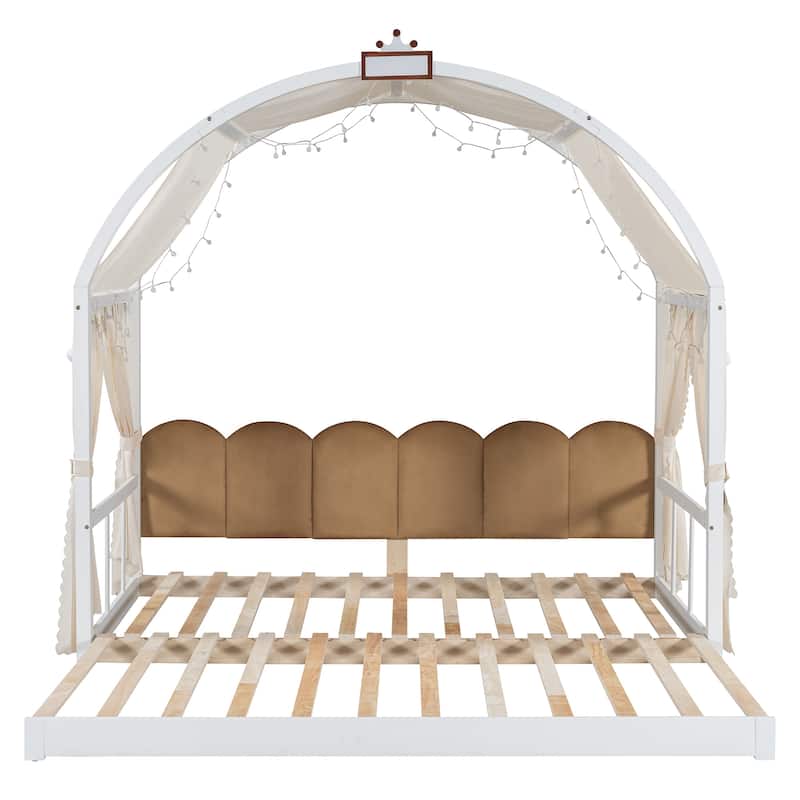 Wood Twin Size Bed Frame with Arched Roof, Floor Bed with Light and Curtain, Pull-out Kids Bed for Girls Boys Bedroom