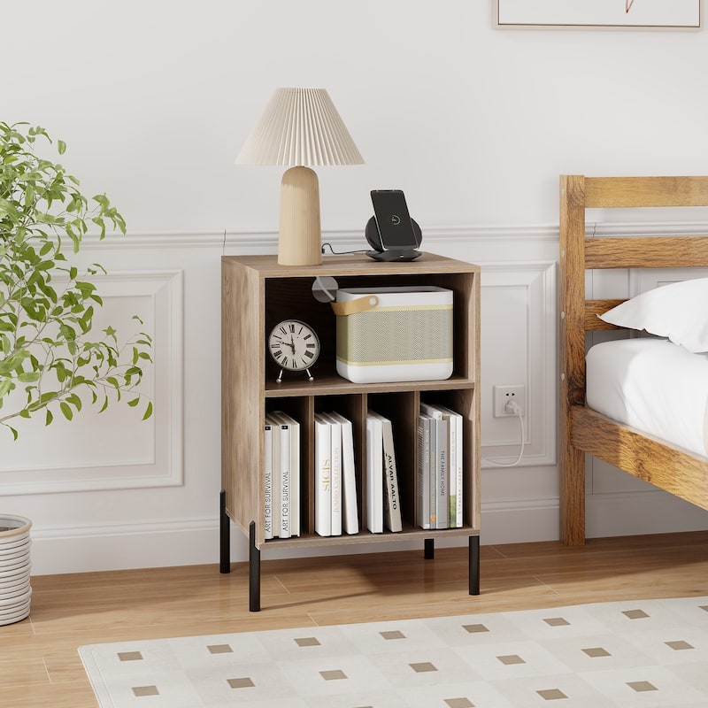 Gymax Record Player Stand w/Charging Station 5 Storage Compartments