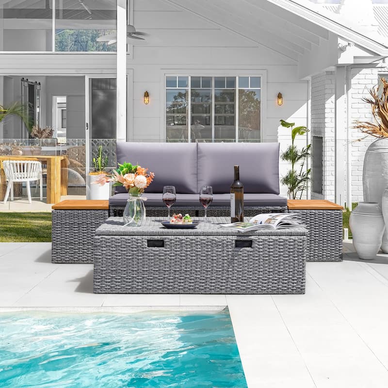 Furniwell Outdoor Daybed Patio Furniture Set Rattan Storage Conversation Set with Cushion and Side Table - Grey