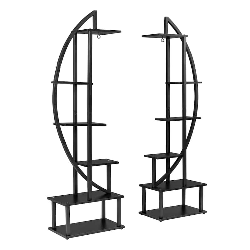 2pcs Half Moon Floor Plant Stand,Ironwood 6-layer Flower Stand Black - Black