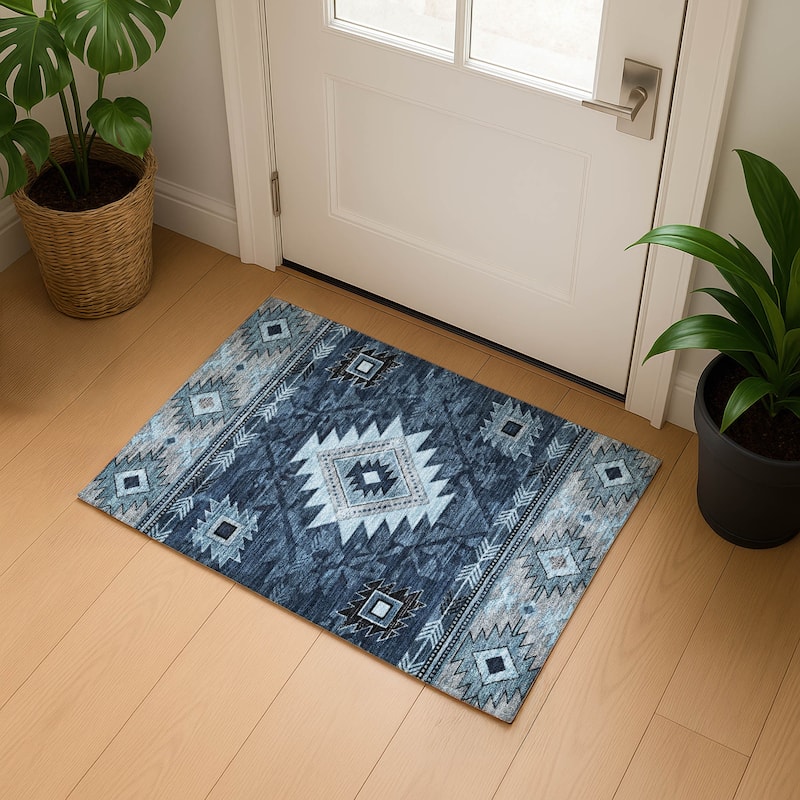 Premium Washable Super Soft Global Inspirations Mayfield Rug - Blue - 1'8" x 2'6"