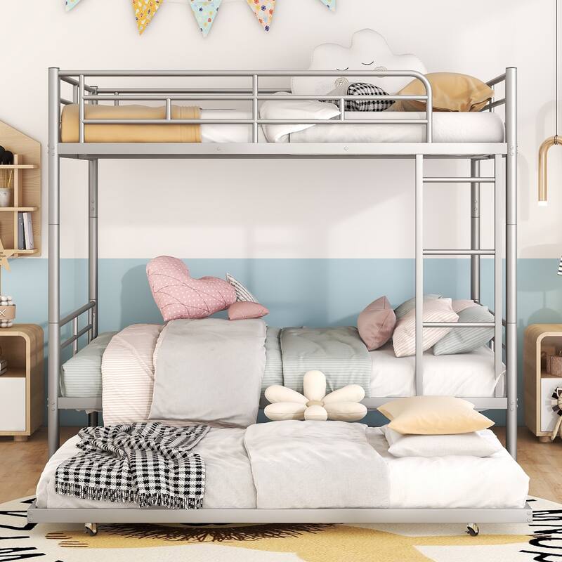 Full Over Full Metal Bunk Bed with Trundle, Silver Finish, Sturdy Iron Frame