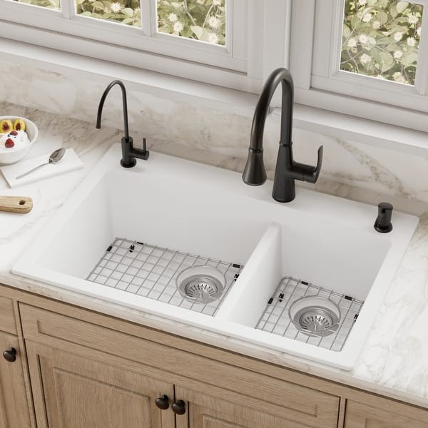 slide 2 of 83, Karran Drop-In Quartz 33 in. 1-Hole 60/40 Double Bowl Kitchen Sink Kit
