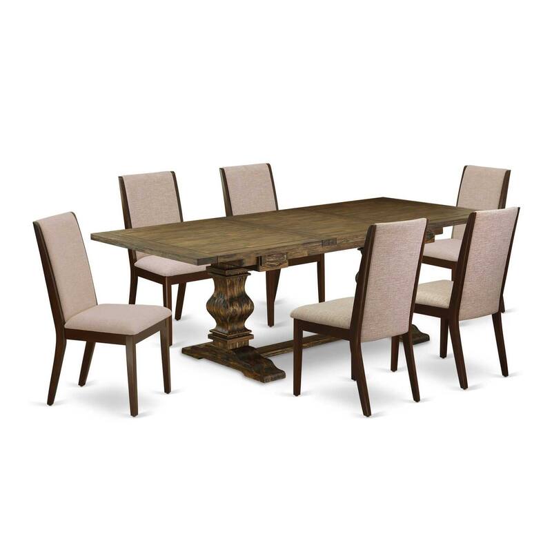 7-Piece Dining Table Set with Parsons Chairs - Linen Fabric Dining Room Table & Chairs Set - Mahogany Finish - 92