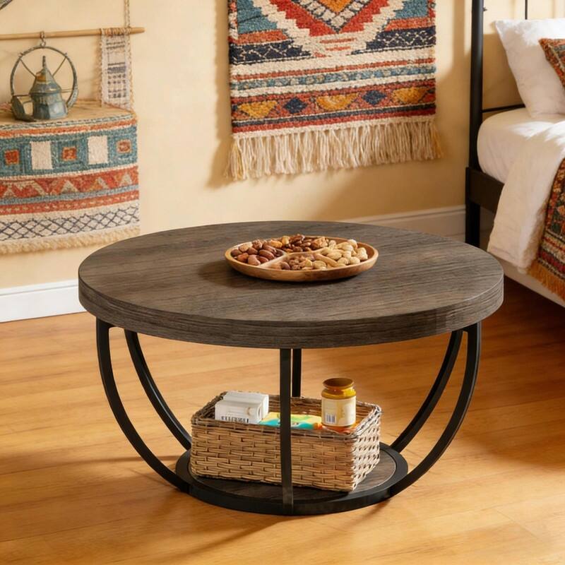 Round 2-Tier Wood Coffee Table with Metal Base for Living Room - Black+Gray