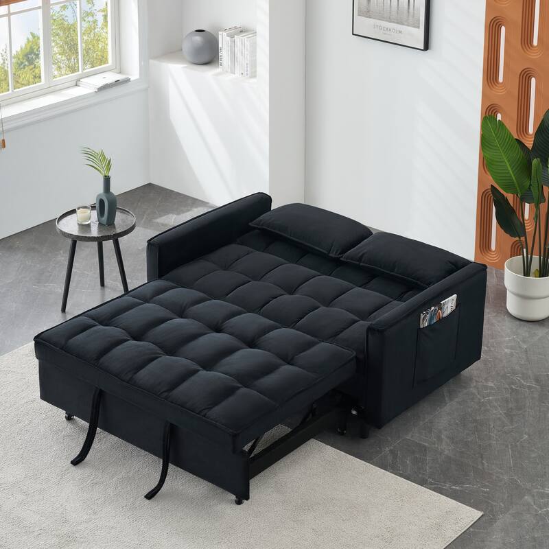 Modern 3 in 1 Convertible Black Velvet Sofa Bed with Pillow