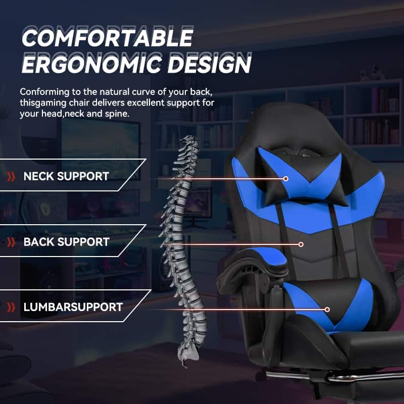 Gaming Chair Black-Blue - Ergonomic PU Seat w/Adjustable Armrests & Metal Legs​