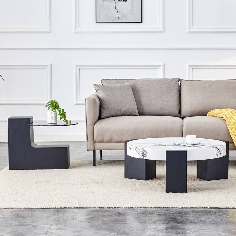 Modern Round Coffee Table with MDF L-Shaped Legs and Double-Layer Design for Living Room