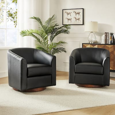 Haley Modern Swivel Barrel Faux Leather Chair with Solid Wood Base Set of 2 by HULALA HOME