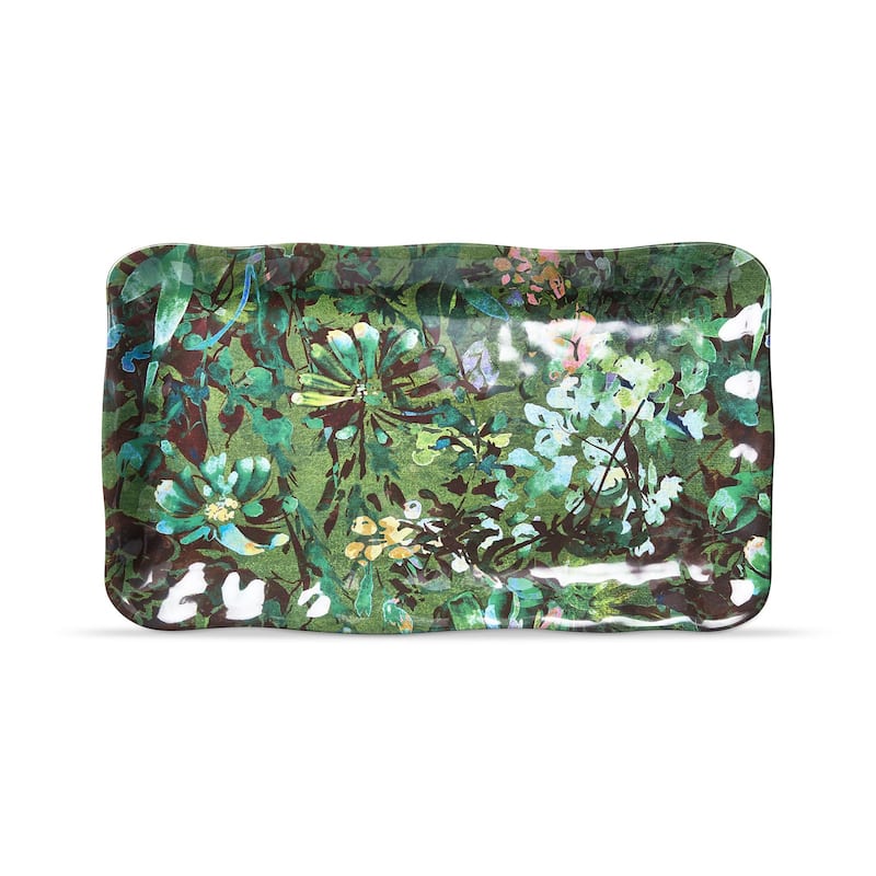 Botanica Green Floral Print Melamine Serving Platter Indoor/Outdoor Machine Washable, 17Lx 10W inch.