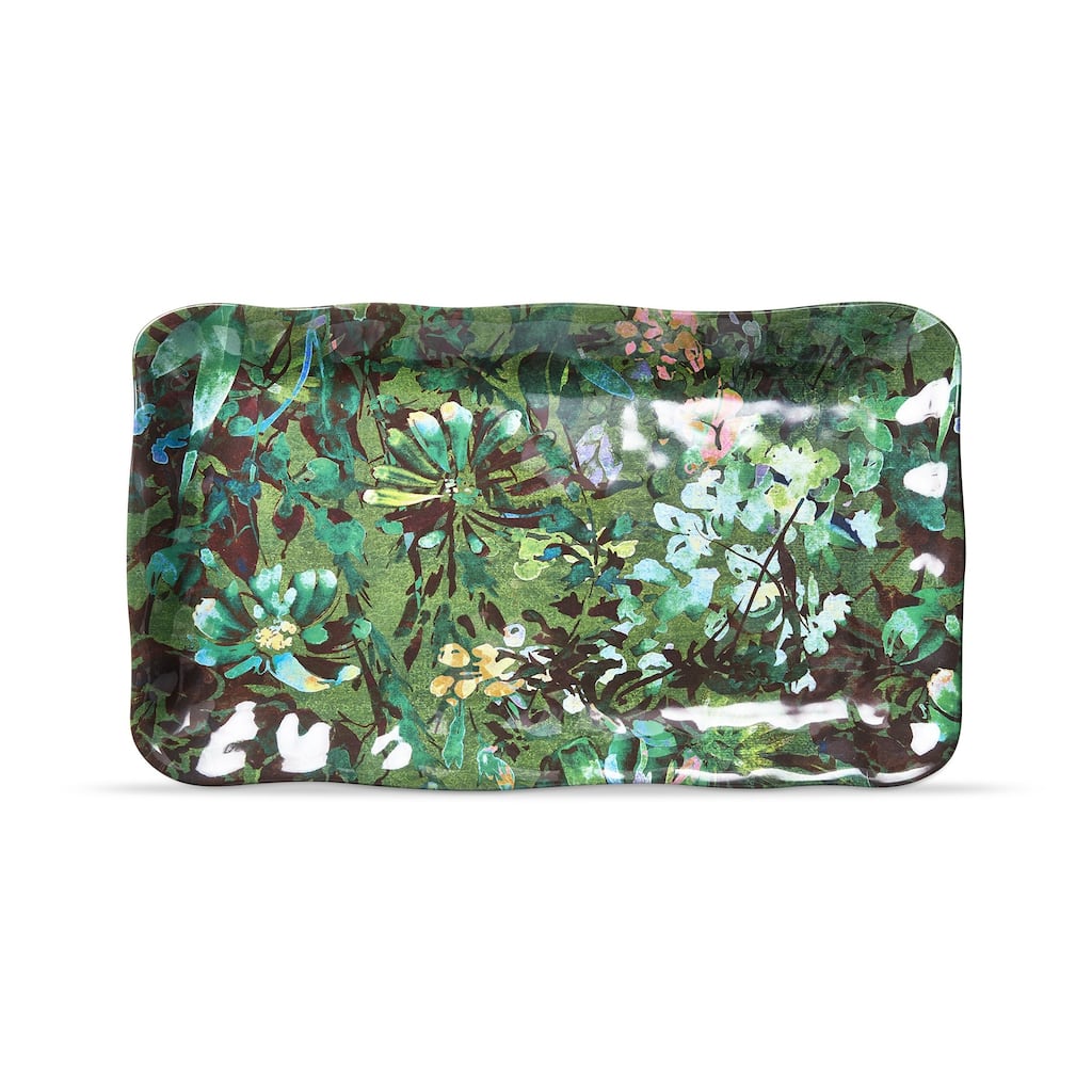 Botanica Green Floral Print Melamine Serving Platter Indoor/Outdoor Machine Washable, 17Lx 10W inch.