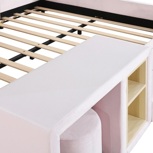 Full Size Velvet Upholstered Platform Bed w/ Bedside Desk & Stool