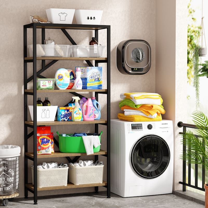 71" Industrial Bookshelf, 6 Tier Rustic Brown Wood Etagere Bookcase, Open Book Shelves