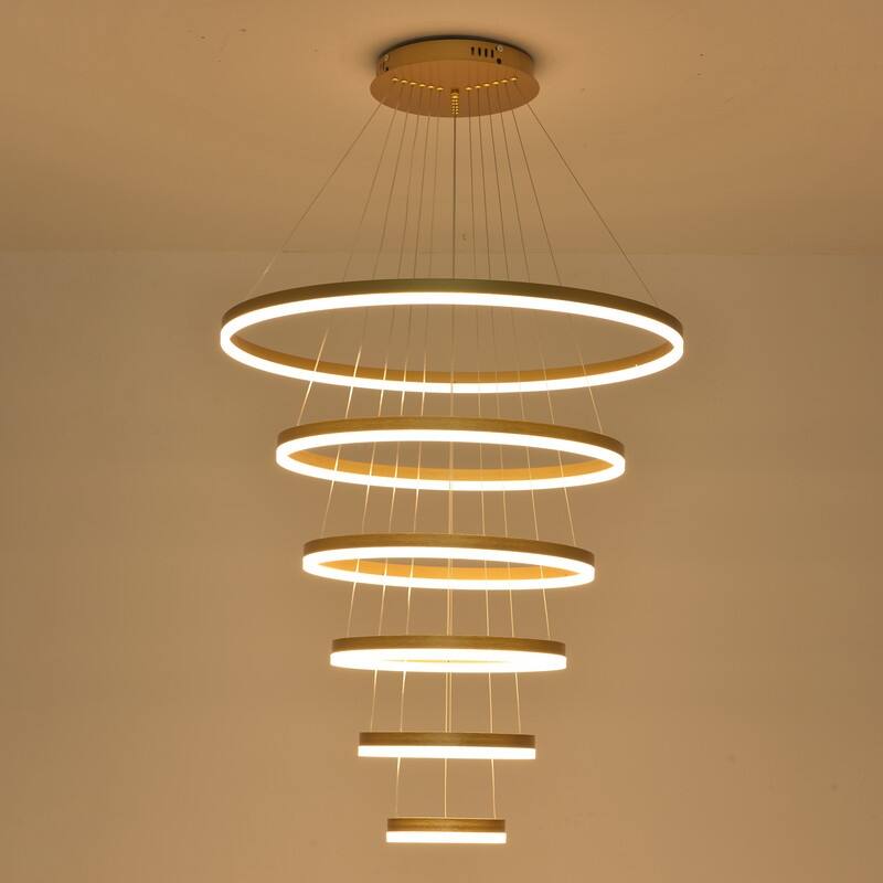 Modern Ring LED Chandelier Large Circle Pendant Light for High Ceilings, Dimmable with Remote - 6 Rings