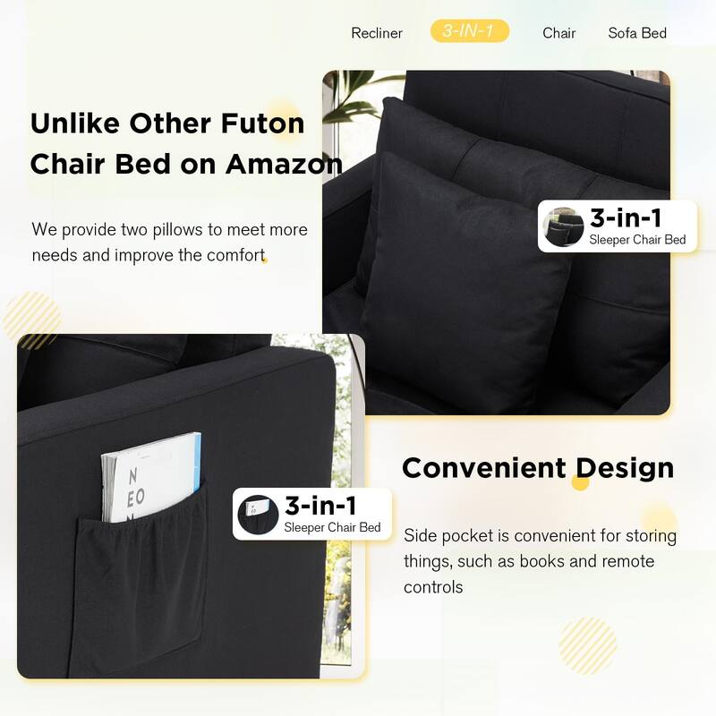 AECOJOY Adjustable Sleeper Chair Bed 3-in-1 Convertible Futon Sofa