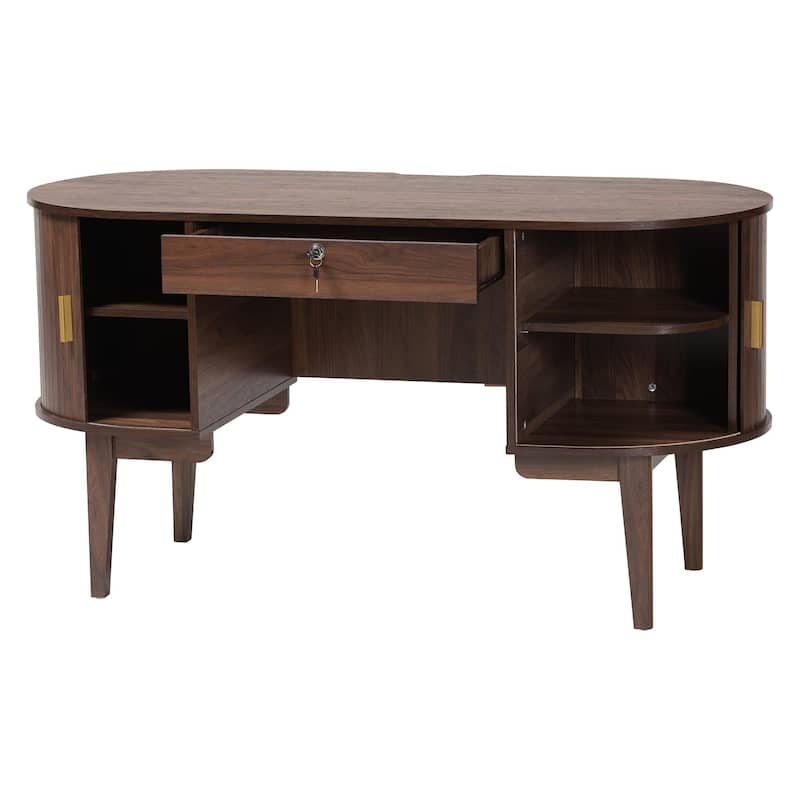 Hayes Wood Writing Desk - Mid-Century Modern Oval Desk with Locking Drawer and Sliding Tambour Doors for Office or Home