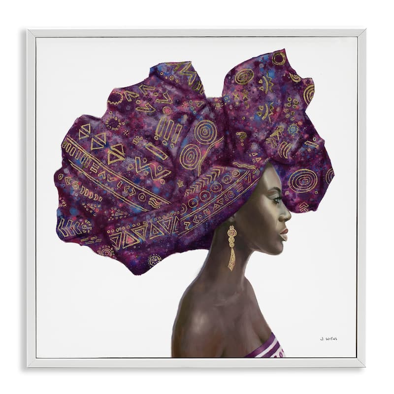 Stupell Female Portrait Strong Headwrap Purple Gold Culture Artwork Framed Wall Art - 12 x 12 - White