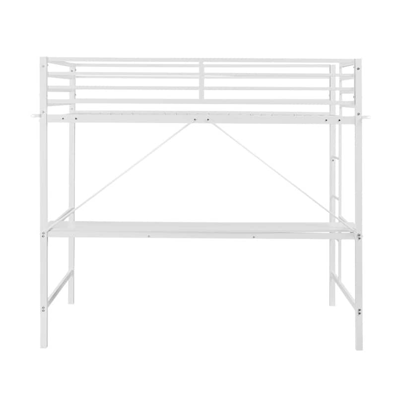 Sturdy Metal Loft Bed Frame with Desk and Safety Rails