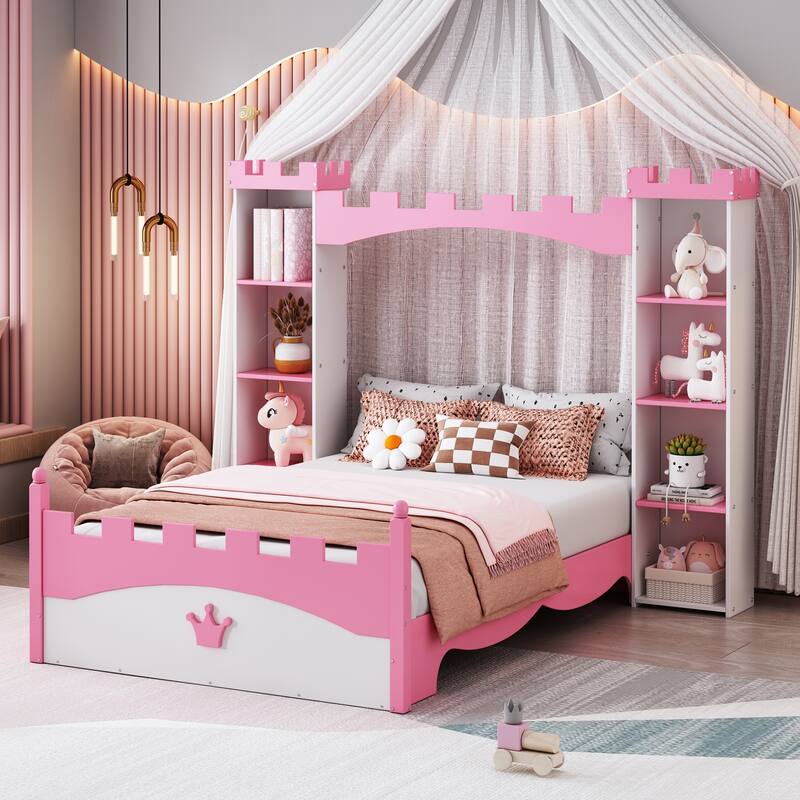 Castle-Shaped Wooden Platform Bed Frame, Kids Dreamy Panel Bed, 2 Storage Cabinets on Both Sides of the Bed - White+Pink - Twin