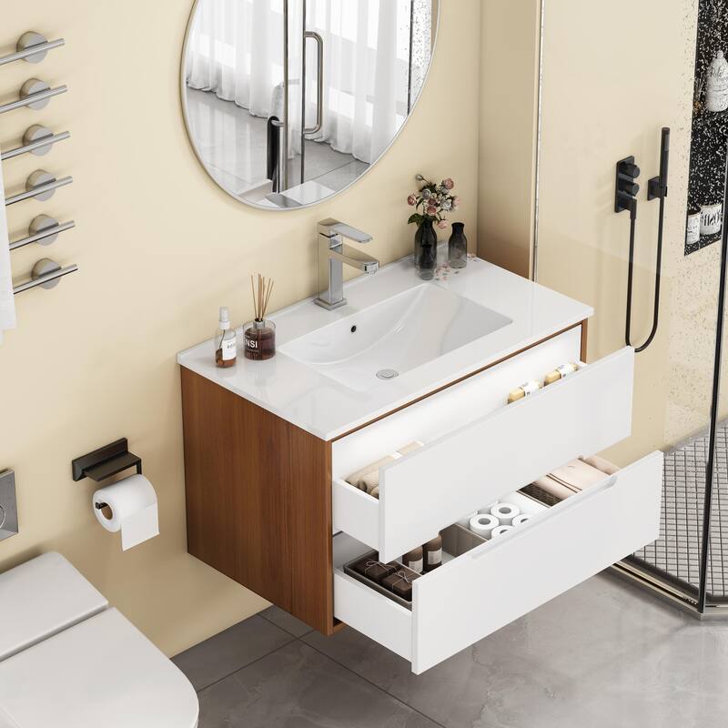 32 Inch Floating Bathroom Vanity with Sink & Double Drawers, Wall-Mounted Bathroom Vanity Base with Ceramic Basin - White+Walnut - 1 Holes Sink - 32 Inch