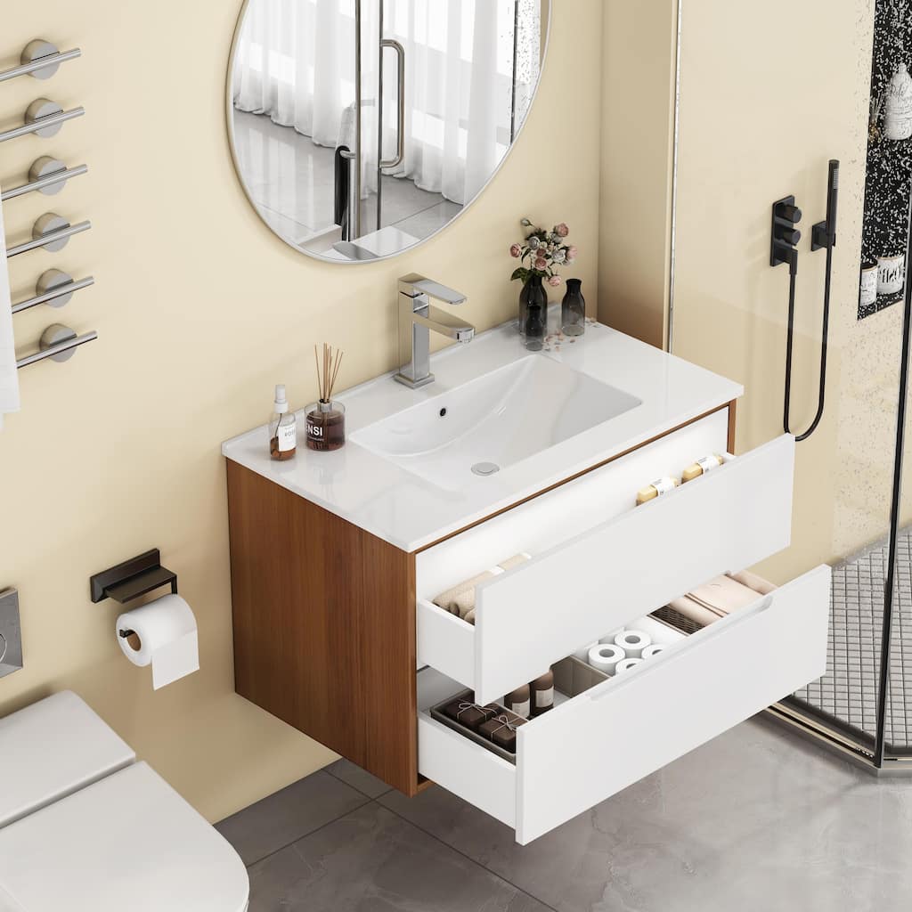 32 Inch Floating Bathroom Vanity with Sink & Double Drawers, Wall-Mounted Bathroom Vanity Base with Ceramic Basin