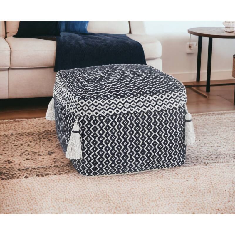 Blue Cotton Pouf Ottoman 18 Inch Geometric Pattern Seat or Footrest