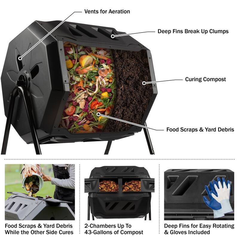 Compost Tumbler - 43Gal Compost Bin with Dual Chambers, 360-Degree Rotating Design, and Garden Gloves Included by Pure Garden