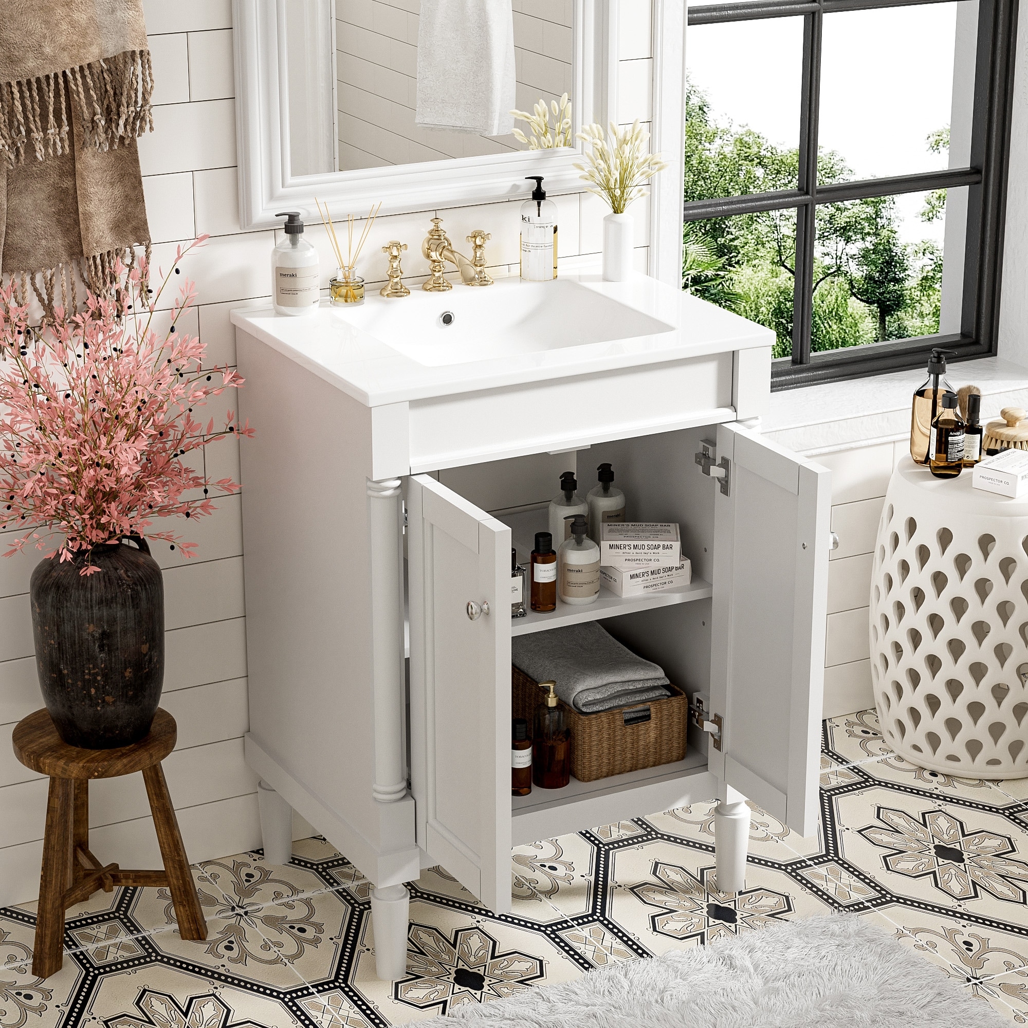 24 Inch Ceramic Basin Bathroom Vanity / Single Sink Bathroom Storage Cabinet