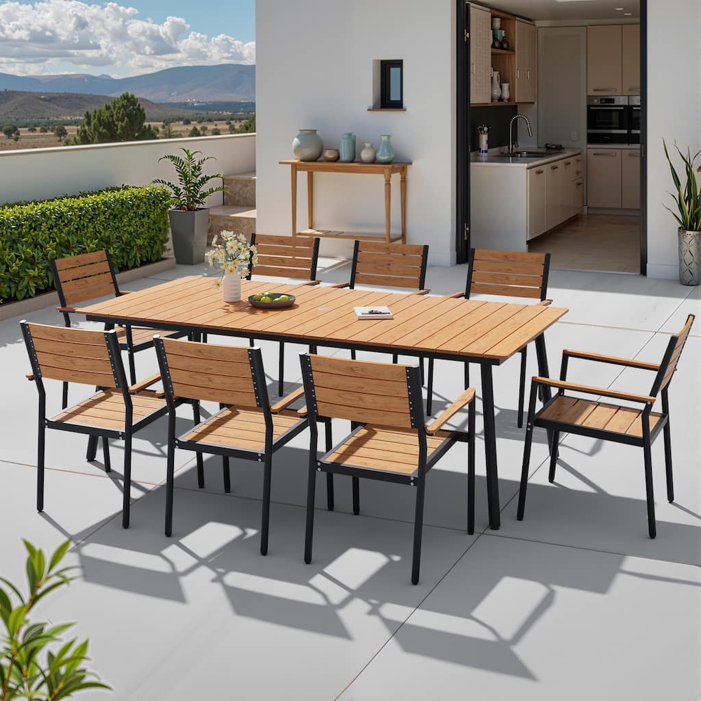 9-Piece Outdoor Patio Dining Set Wood-Like Table Top Alumium Umbrella Hole Table with Stackable Armrest Chairs