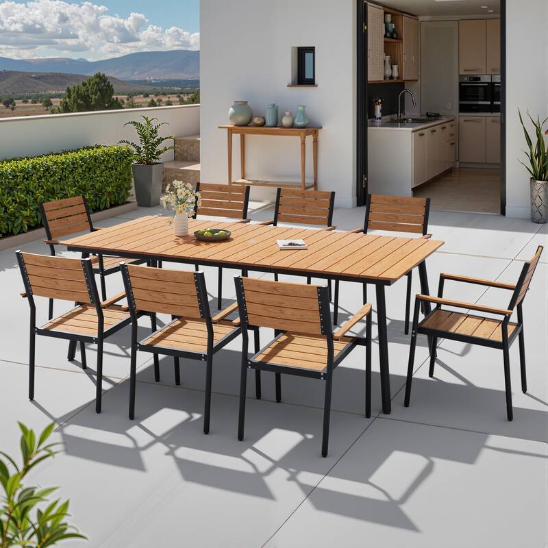 9-Piece Outdoor Patio Dining Set Wood-Like Table Top Alumium Umbrella Hole Table with Stackable Armrest Chairs - Brown