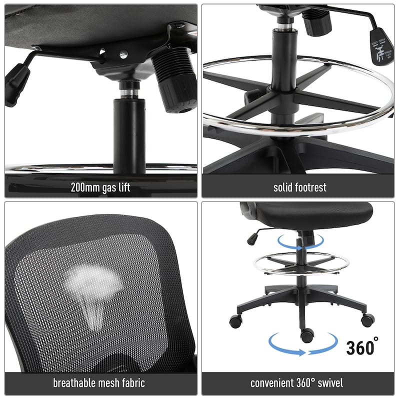 Vinsetto Drafting Office Chair with Flip-Up Armrests, Footrest Ring and Adjustable Seat Height, Black