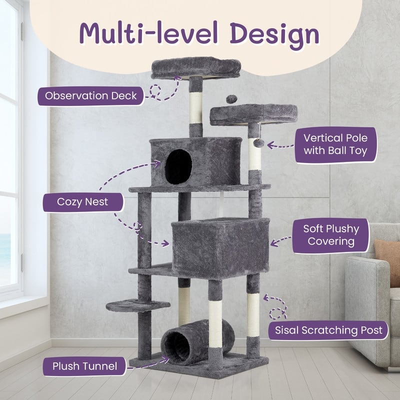 67-inch Dark Grey Cat Tree with Padded Platform Beds - 26.5 x 26 x 67 in.