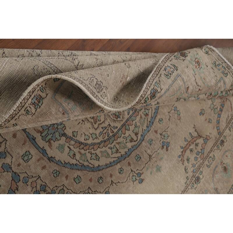 Medallion Tabriz Persian Area Rug Oriental Beige Handmade Wool Carpet - 6'9"x 9'7"