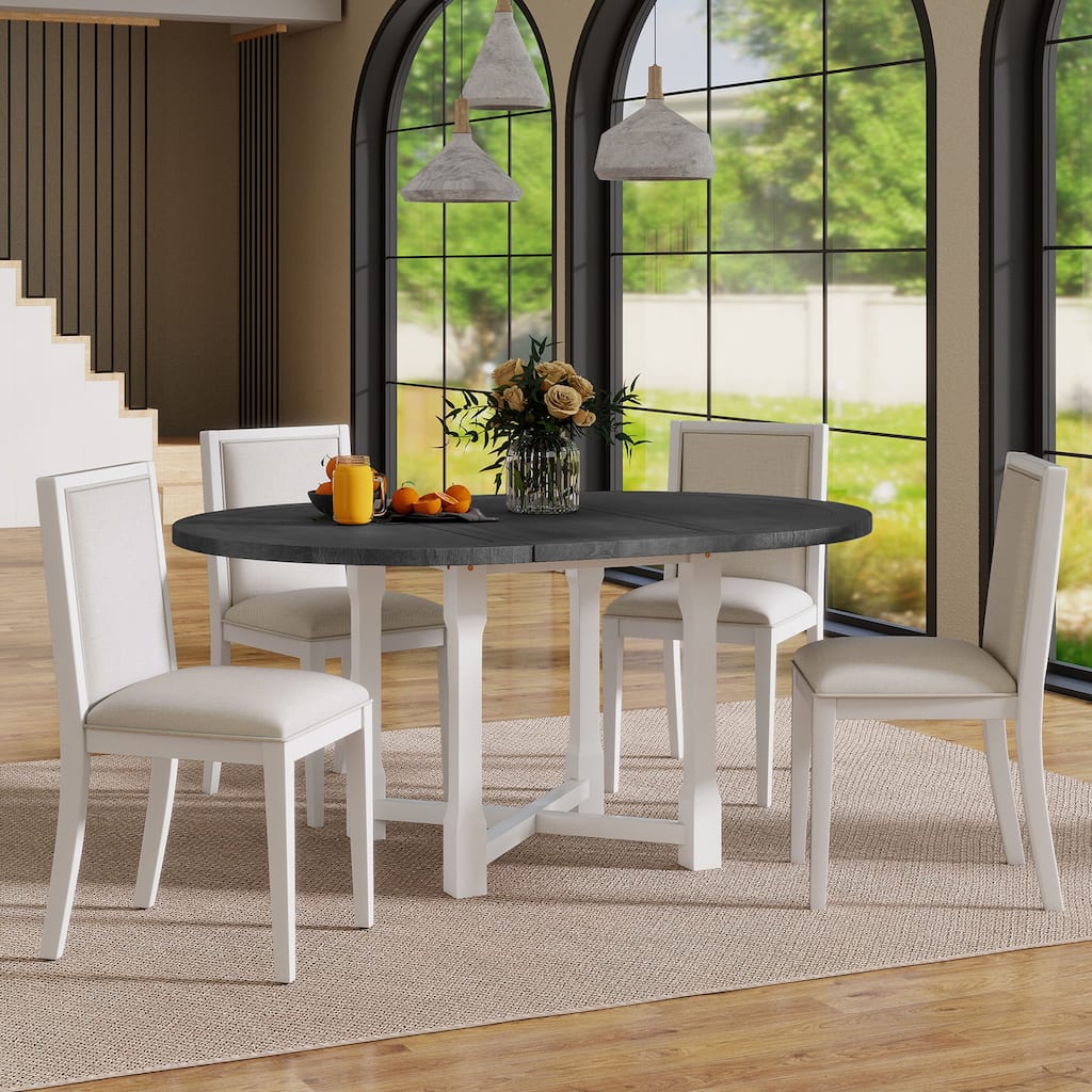 5-Piece Extendable Dining Table Set For 4,Round Dining Table For 4 With Upholstered Chairs,Farmhouse Kitchen Table