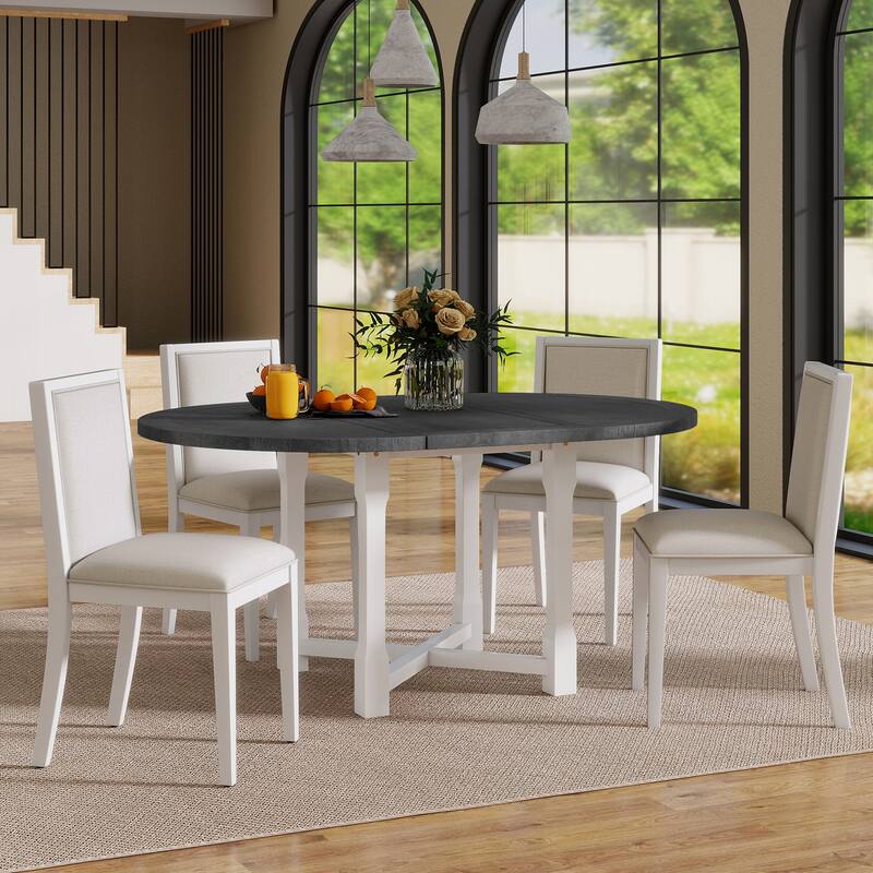 Extendable Dining Table with Wood Legs, Modern Dining Table & Chairs Set with Upholstered Dining Chairs