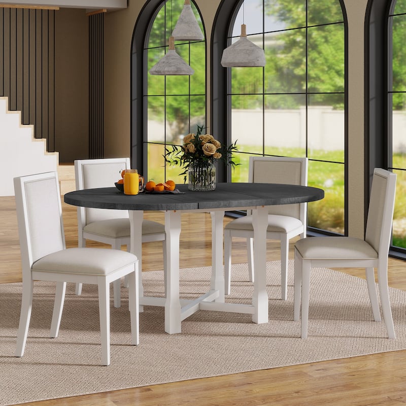 Roomfitters 5-Piece Extendable Round Farmhouse Dining Set with Upholstered Chairs for Kitchen or Dining Room - Grey+White
